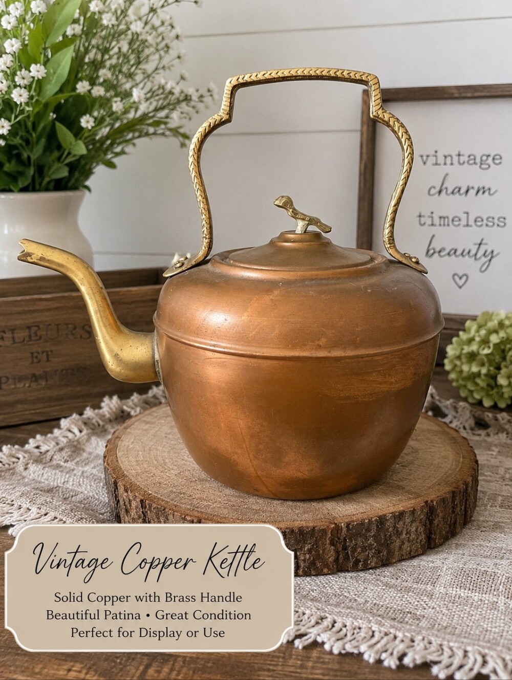Vintage Copper-Colored Kettle with Brass Handle